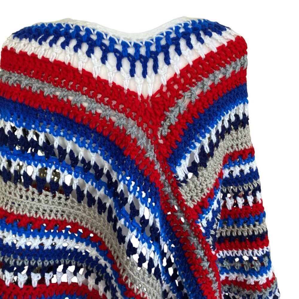 Handmade Boho Chunky Open Knit Crochet Poncho Patriotic Colors Textured OS - Picture 8 of 16